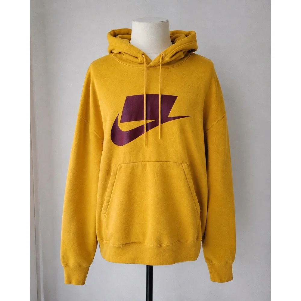Nike Hoodie Mustard Yellow Burgundy Big Swoosh Pullover Hoodie – Men's XL